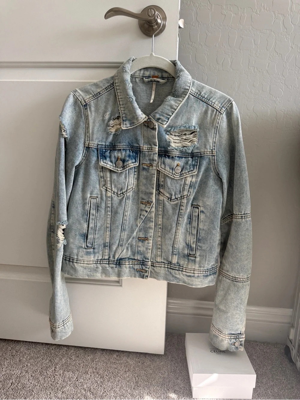 Free People Light Blue Distressed Denim Jacket - Picture 1 of 2